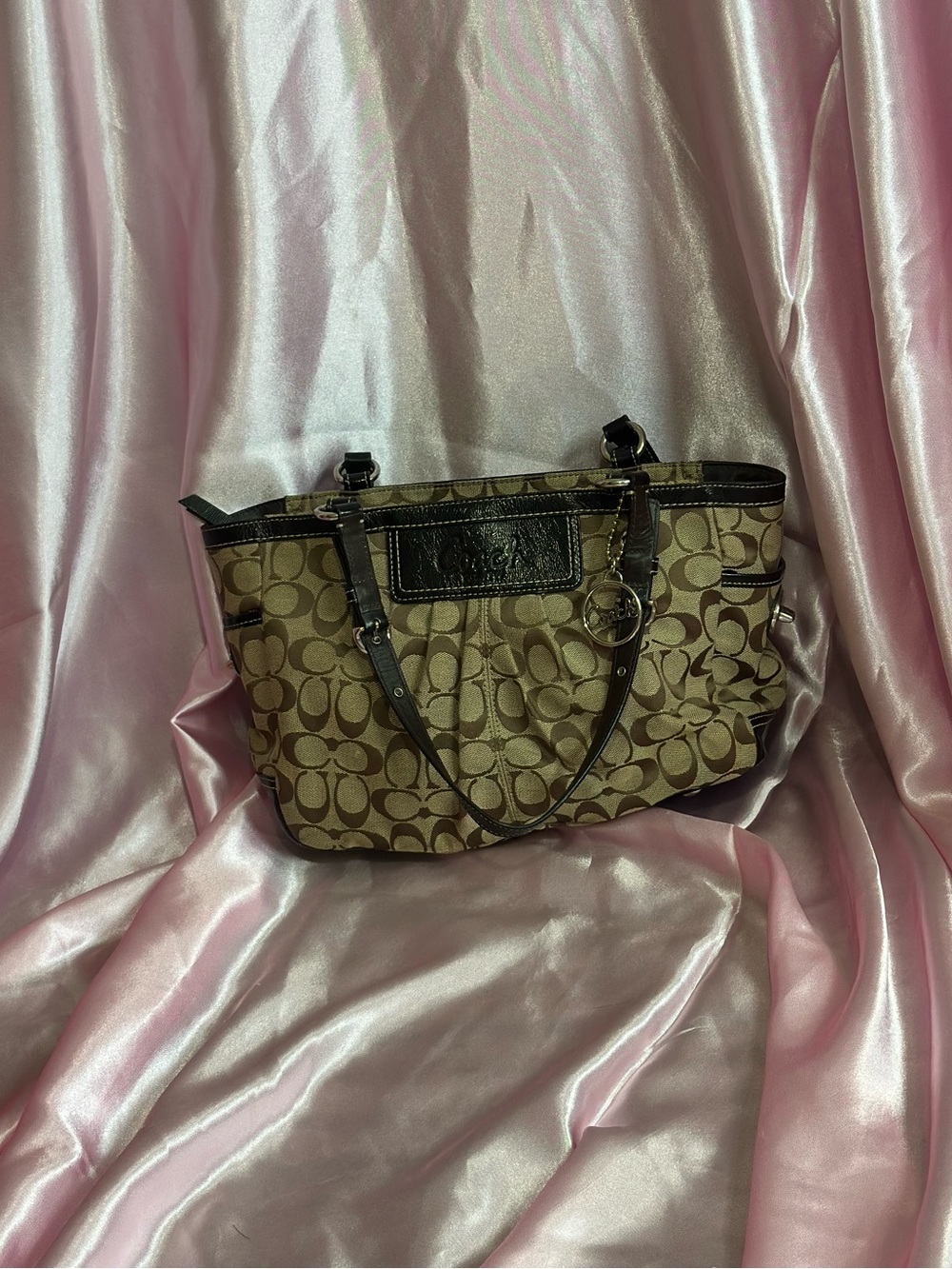 Vintage Coach Tan Signature Canvas Shoulder Bag with Black Leather Trim